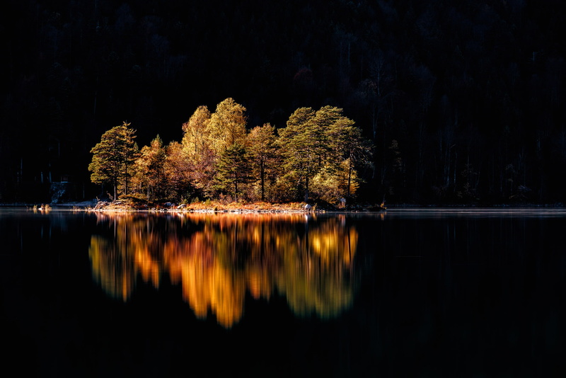 autumn, Bayern, Germany, 1080P, trees, island, lake Eibsee