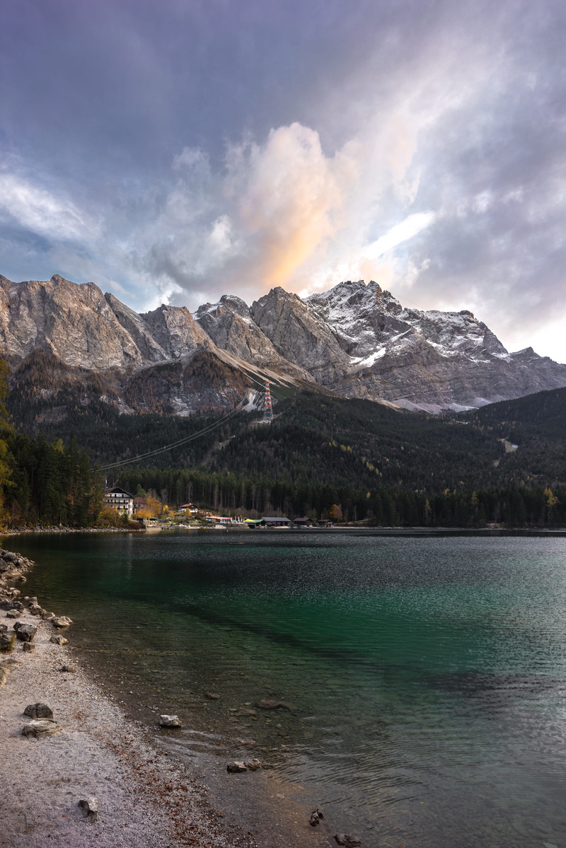 beauty in nature, mountain, peak, outdoor, building, environment, summit, mountain range, eibsee, apline, promontory, cold temperature, snowcapped mountain