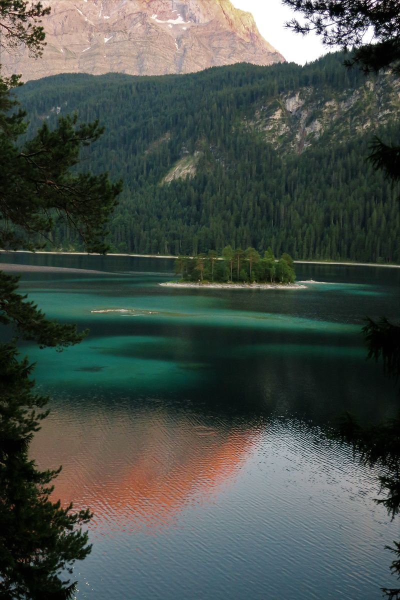 Island, reflection, water, Eibsee, sky, lake, no people, forest, water reflection, afterglow, Lake, scenics - nature, mountain lake, abendstimmung, outdoors