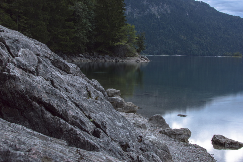 landscape, brine, bavaria, no people, reflection, water, mood, waters, tree, rock, nature, eibsee, beauty in nature, solid, scenics - nature, mountain lake