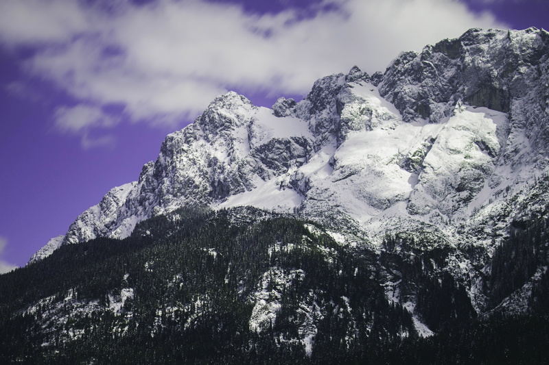 blue, mountain range, plant, environment, tranquility, no people, forest, zugspitze, formation, sky, cold temperature, cloud - sky, winter, tree, low angle view
