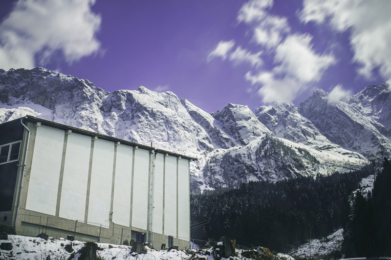 snow, top of germany, mountain range, built structure, eibsee, clouds, building exterior, mountain, forest, building, cold temperature, german alps, sky