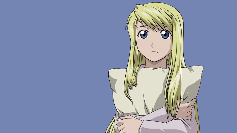 Full Metal Alchemist Brotherhood, clear sky, long hair, day, Rockbell Winry, 1080P, pyjamas, nature, pillow hug, copy space, studio shot, human representation