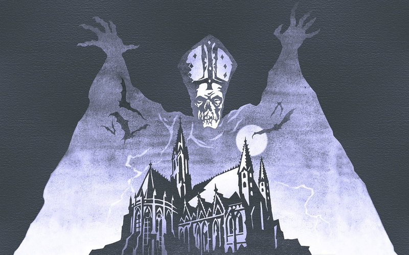 Full Metal Alchemist Brotherhood, cathedral, Ghost B.C., metal band, anime, Full Metal Alchemist, pentagram, 720P, bats, arm, skull