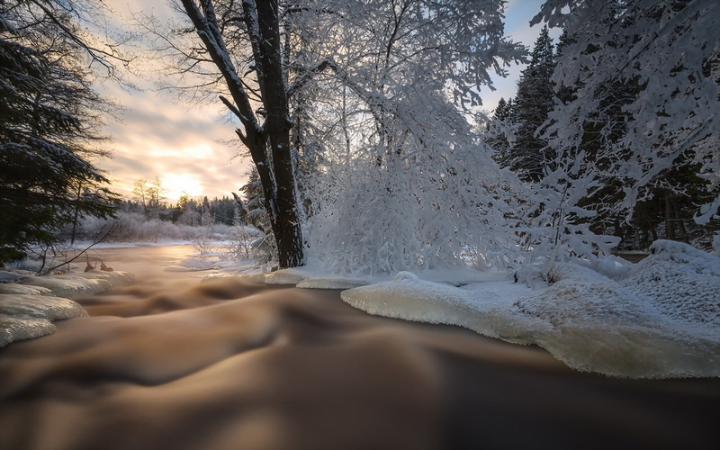 winter, cold temperature, scenics - nature, plant, snow, long exposure, cloud - sky, tree, clouds, land, sunlight, water, landscape, non-urban scene, snowcapped mountain