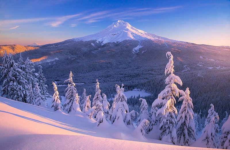 snow, winter, Mount Hood, frost, forest, Oregon, landscape, 720P, nature, pine trees, mountains, snowy peak, lake