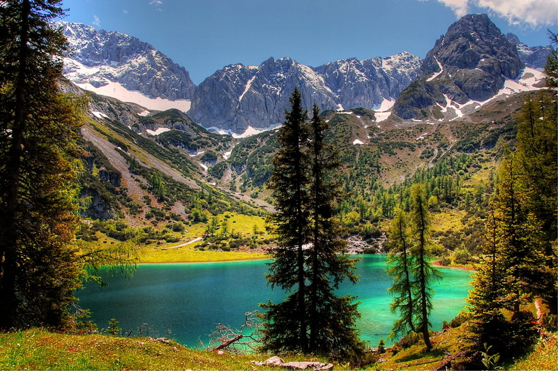 bergsee, 2K, beauty in nature, outdoors, scenics - nature, seebensee, mountain peak, away, scenics, tranquil scene, tyrolean alps, nature, land, pine tree