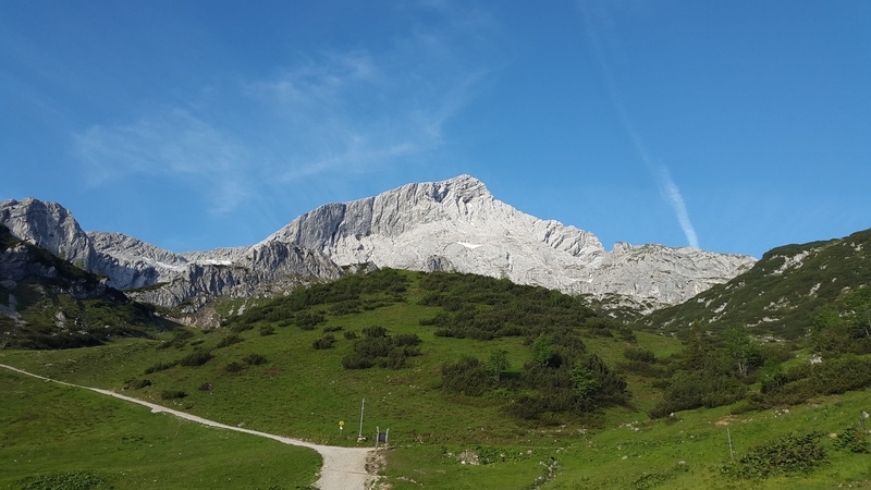 weather stone, road, north wall, transportation, day, cloud - sky, blue, summit, formation, zugspitze massif, green color, 4K, tranquility, nature, outdoors