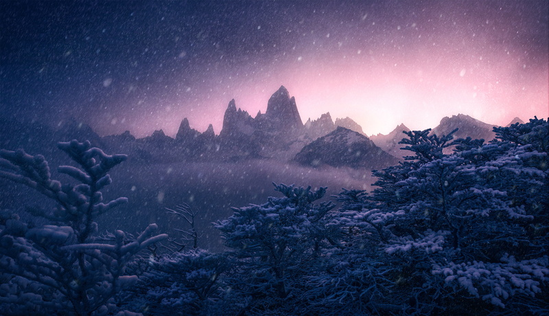 2K, Argentina, Fitz Roy, Winter, Snowfall, Mountains, Sunset