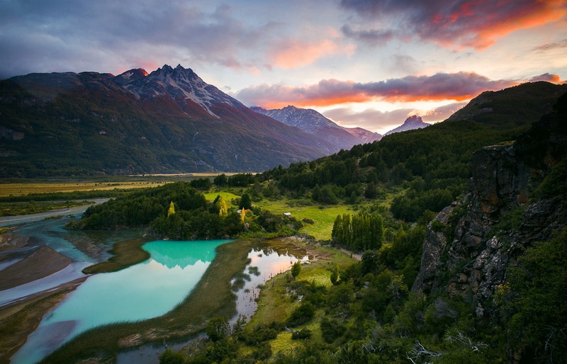 turquoise, nature, Chile, mountains, 720P, valley, landscape, clouds, water, snowy peak, forest, river, Patagonia