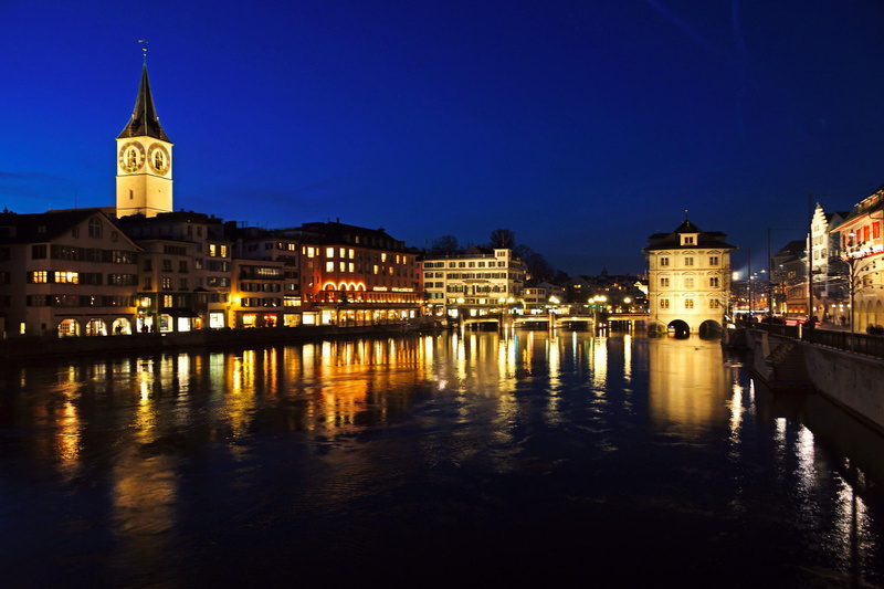 night, cities, reflection, zurich, rivers, switzerland, buildings, photo, city, pictures, 1080P