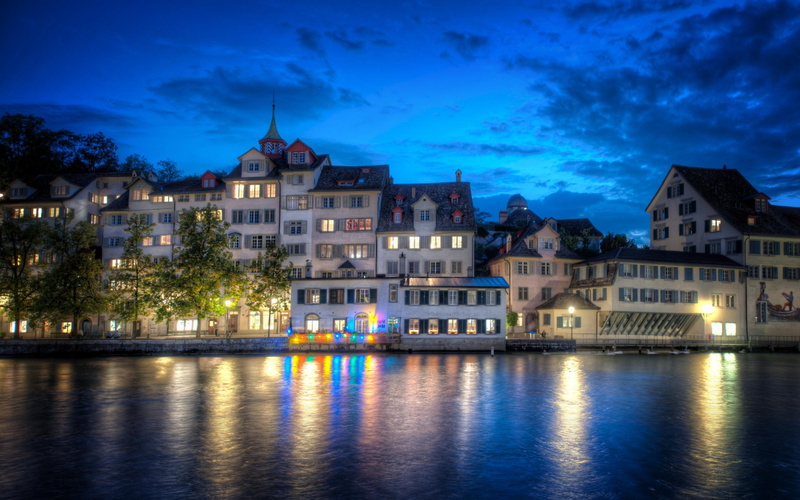 lovely, water, zurich, house, peaceful, splendor, architecture, 2K, trees, buildings, beautiful, night, river, view