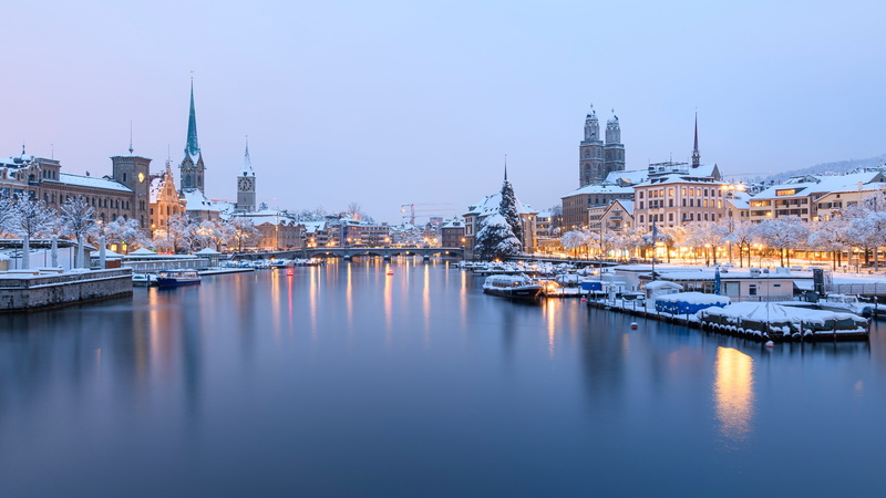 Река Лиммат, Zurich, Limmat River, pier, river, Switzerland, building, home, winter, 5K