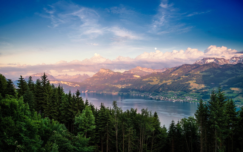 2K, Zurich, Lake, Clouds, Mountain, Forest, Switzerland
