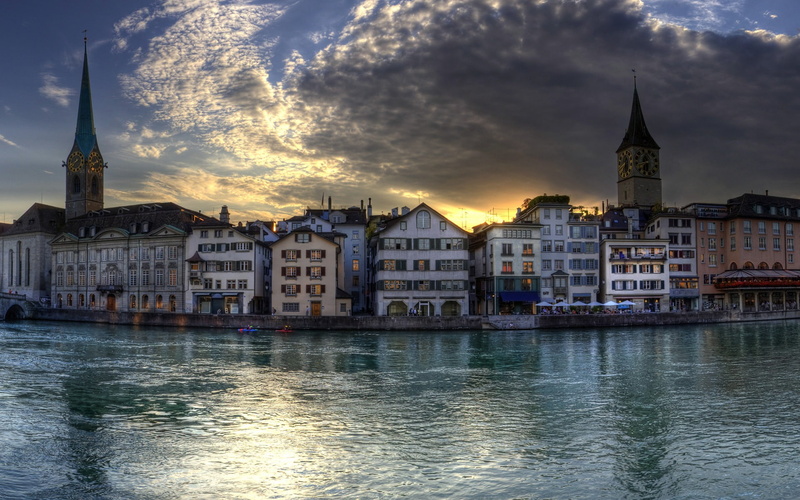 dusk, zurich, 1080P, river, cloud - sky, city, architecture, buildings, spire, no people, place of worship, waterfront, sky, travel destinations, religion