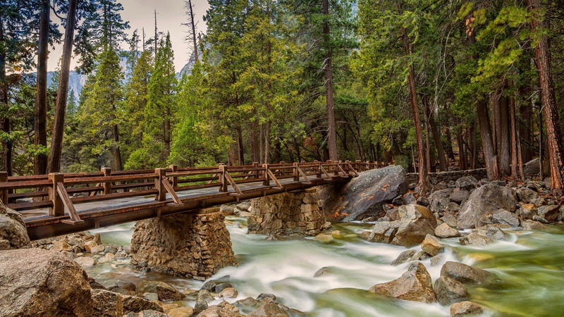 park, nevada, yosemite, bridge, sierra, california, forest, national, trees, trough, rocky, 1080P, pine, wooden, s, hd, desktop, river, mountains