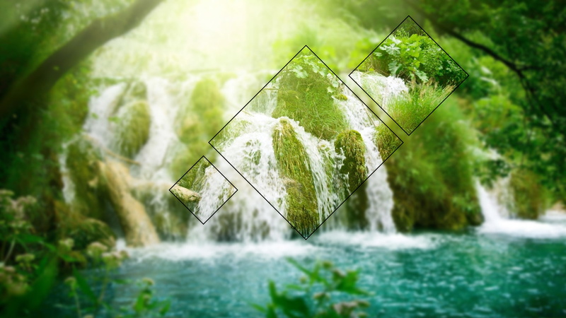 leaf, selective focus, 1080P, polyscape, outdoors, tree, flowing water, plant part, glass, close-up, water, focus on foreground, motion, nature, day, green color