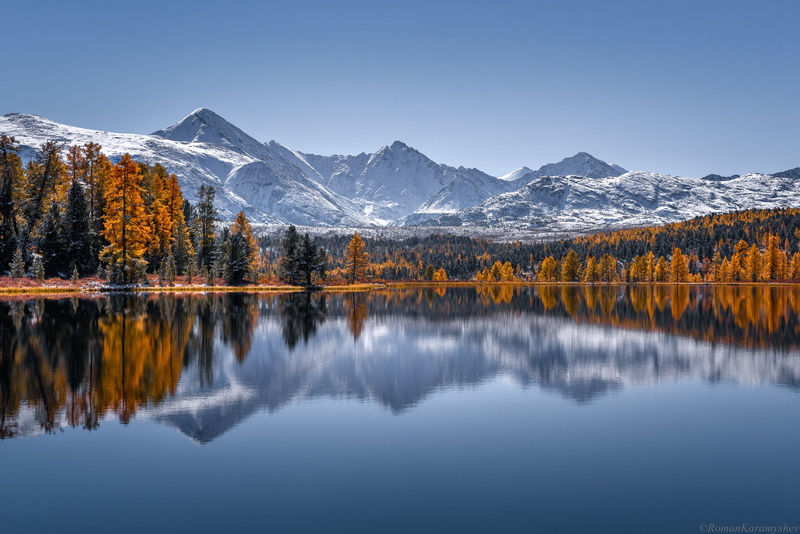 trees, reflection, Lake Cicely, forest, The Altai Mountains, 2K, mountains, Russia, autumn, lake