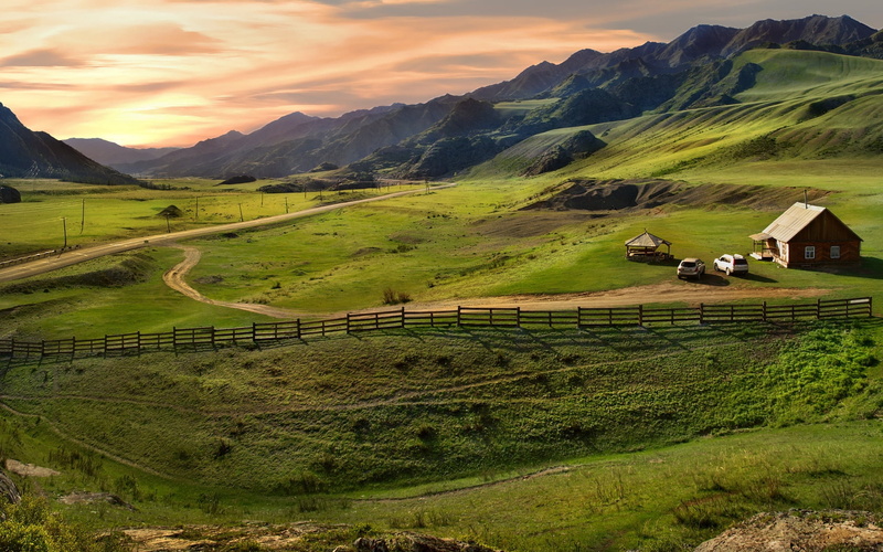 altai, sky, pasture, architecture, grass, sunlight, outdoors, nature, green, tranquility, forest, car, green Color, landscaped, travel, protection, land