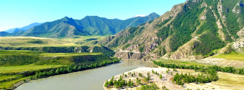 tranquility, sky, altai, river, mountain range, green, russia, outdoors, tree, day, trees, panorama, travel, scenics - nature, land, nature, siberia, mountains