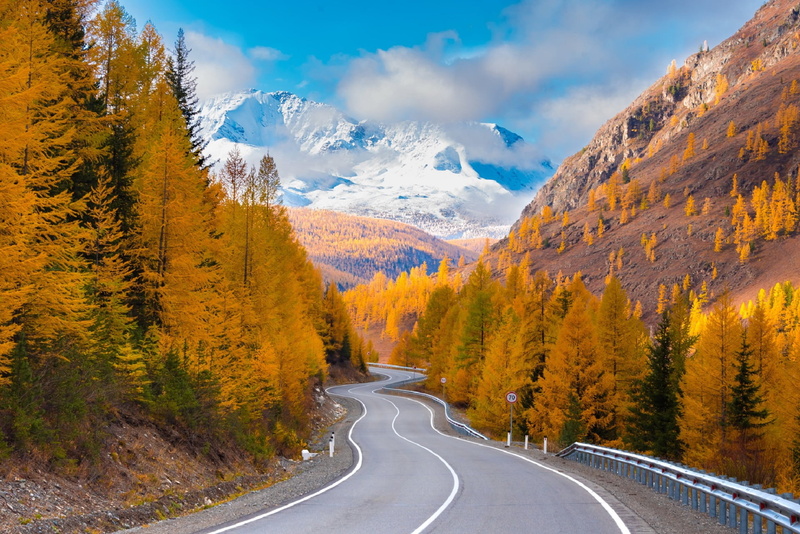 clouds, forest, Altay, road, mountains, autumn, 1080P