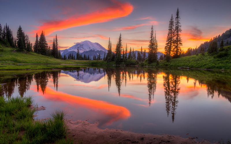 4K, water, sunset, reflection, mountain, washington, sky, tipsoo, lake, snow, forest