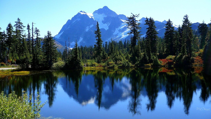 fall, reflection, 3d and abstract, autumn, lake, 1080P, washington, mount, mountain, widescreen, shuksan, trees, forest