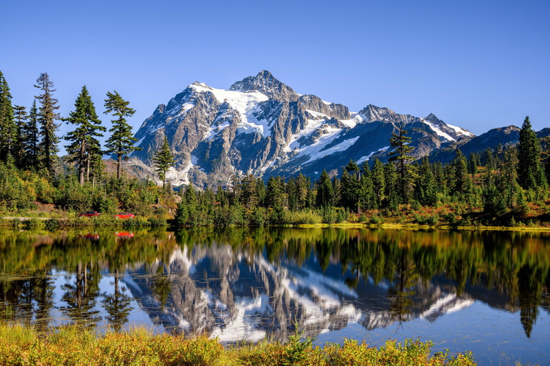 trees, Picture Lake, reflection, Cascade Range, lake, 5K, mountains, Mount Shuksan, Washington State, Washington, Mountain Shuksan, forest, The cascade mountains