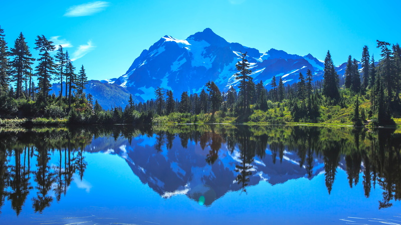 beauty in nature, idyllic, reflection lake, Shuksan, non-urban scene, lake, Mount, Landscape, tranquility, reflection, tree, k, 5K, blue, water, symmetry