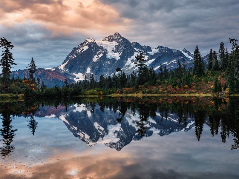 forest, trees, water, Mount Shuksan, 1080P, clouds, autumn, reflection, the sky, USA, mountains, Shuksan, lake