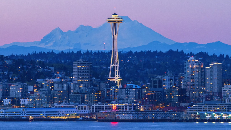 landscape, illuminated, united states, mountain, building exterior, evening, 1080P, washington, nautical vessel, seattle, metropolis, building, city, financial district