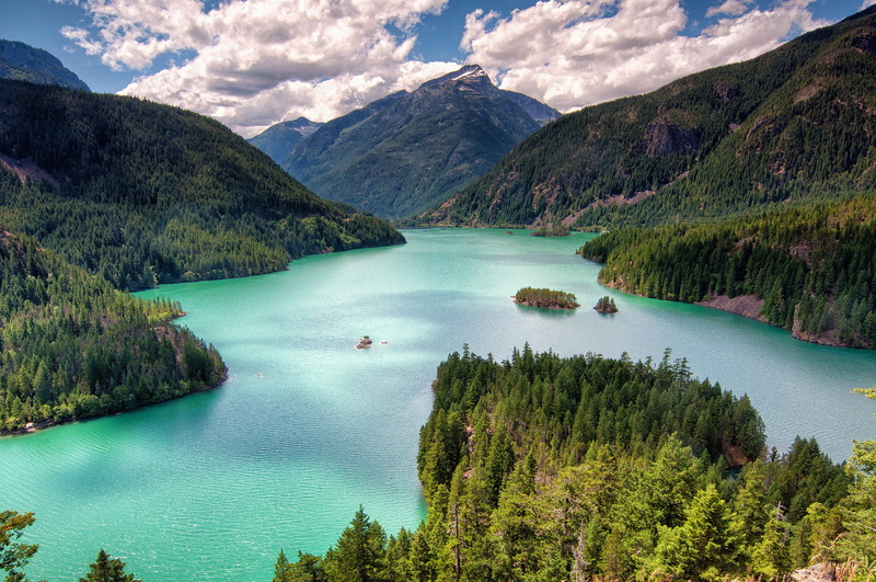 Washington, travel destinations, Lake Of The Devil, forest, non-urban scene, mountains, beauty in nature, North Cascades, Diablo Lake, sky, tranquility