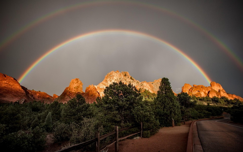 rainbows, double, nature, path, brown, trees, colors, mountains, nature and landscape, forest, light, 1080P, road