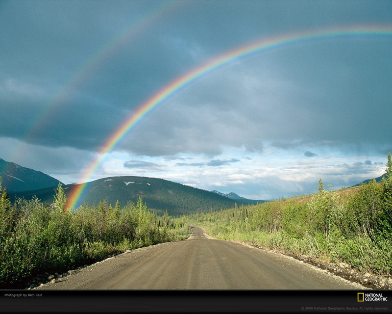 painting, highway, rainbows, multi colored, rainbow, road trip, cloud - sky, environment, land, beauty in nature, mountain, blue, body, scenics - nature