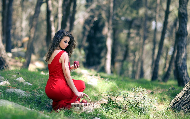 women outdoors, woman, sitting, curly hair, apples, red dress, land, fashion, hairstyle, clothing, red, women, nature, contemplation, baskets, woodland