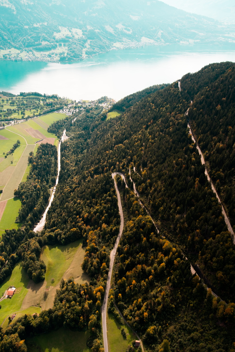 plant, aerial view, land, mountain, summer, tranquil scene, switzerland, river, scenics - nature, cloud - sky, nature, lake, fly, beauty in nature, street