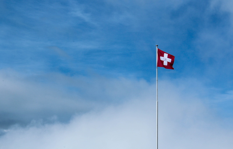 copy space, low angle view, nature, blue, outdoors, day, interlaken, environment, flag, summer, mountain, patriotism, red, pole, switzerland, 4K, cloud - sky