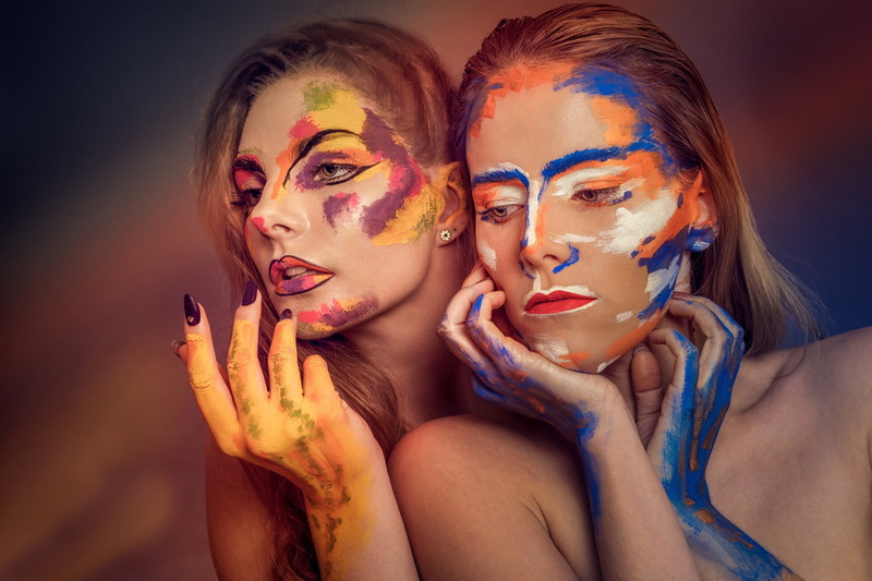 portrait, multi colored, young women, model, beautiful woman, headshot, fun, beauty, beautiful people, togetherness, body paint, bright, vibrant color