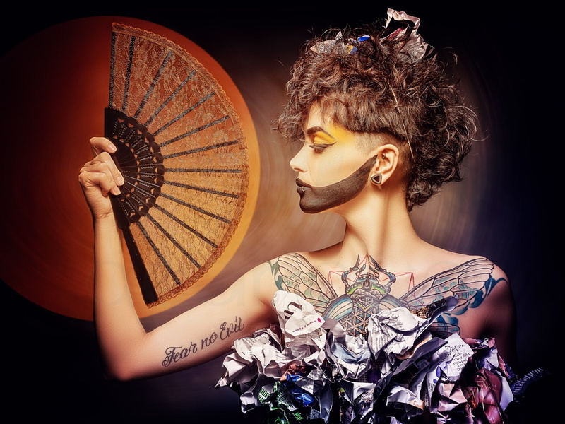 1080P, body paint, women, short hair, face, model, tattoo, profile