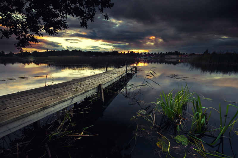 clouds, lake, reeds, 2K, pier, evening