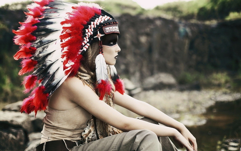 young adult, three quarter length, women, leisure activity, feathers, one person, front view, focus on foreground, clothing, red, adult, 1080P, headdress