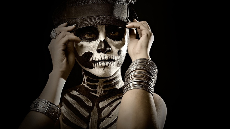 bracelets, women, face, body paint, Sugar Skull, face paint, makeup, 1080P