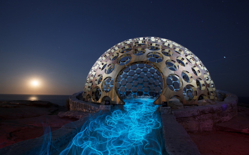 architecture, stars, moonlight, blue, outdoors, sky, Moon, sea, religion, modern, spirituality, illuminated, circle, sphere, 1080P, stones, belief, temple