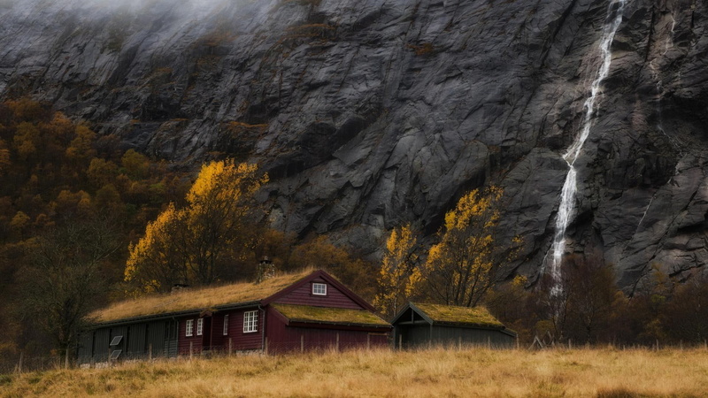 waterfalls, stavanger, norway, 1080P, meadow, cliffs, cabin, nature and landscapes