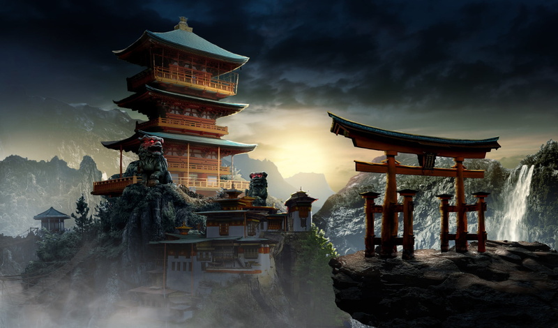 Art, China, The building, by JohnPaul Koo, Arch, Concept Art, Mountains, Architecture, Asia, Palace, JohnPaul Koo, Mysterious Temple, Landscape, 1080P