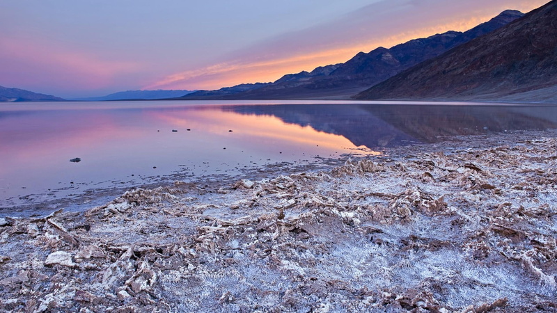 lagoon, landscape, dramatic landscape, calm, badwater basin, salt, 1080P, mountain, salt lake, california, land, reflection, national park, usa, scenics - nature