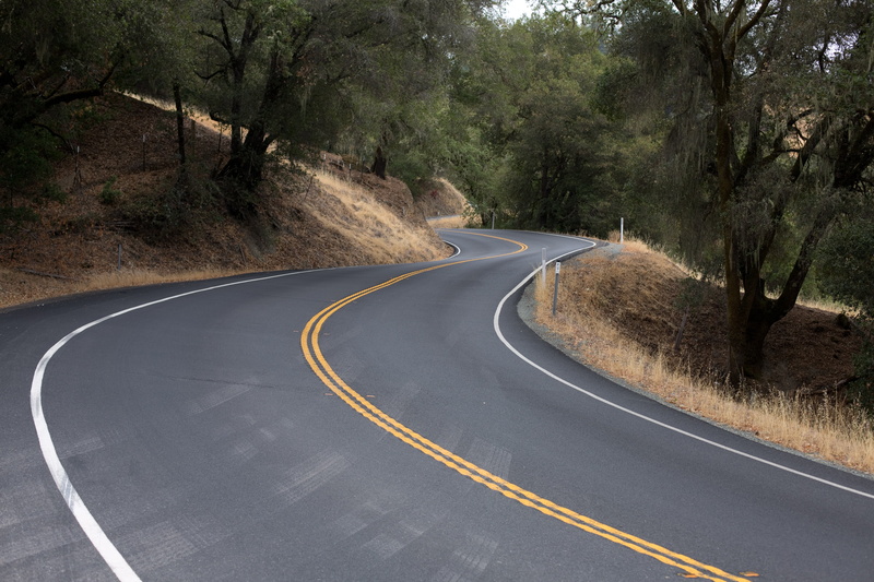 double yellow line, symbol, transportation, curvy road, trees, road, winding road, the way forward, outdoors, street, plant, forest, surrounded, day, tree