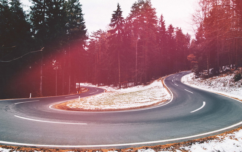 dark, winding, side, sign, mode of transportation, winter, track and field, transportation, road, concrete, bend, no people, trees, way, lightlake, old
