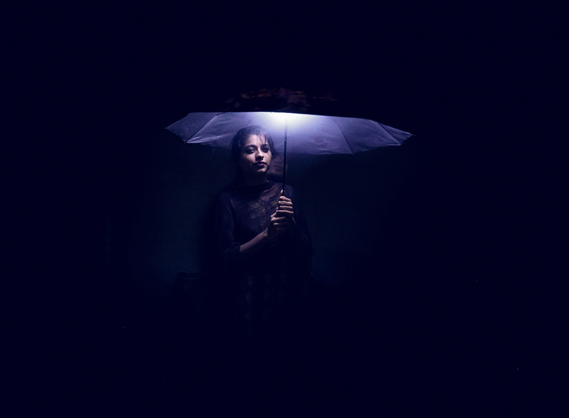 standing, wet, canopy, apparel, rain, front view, young adult, night life, light, 4K, woman, umbrella, silhouette, patio umbrella, one person, protection