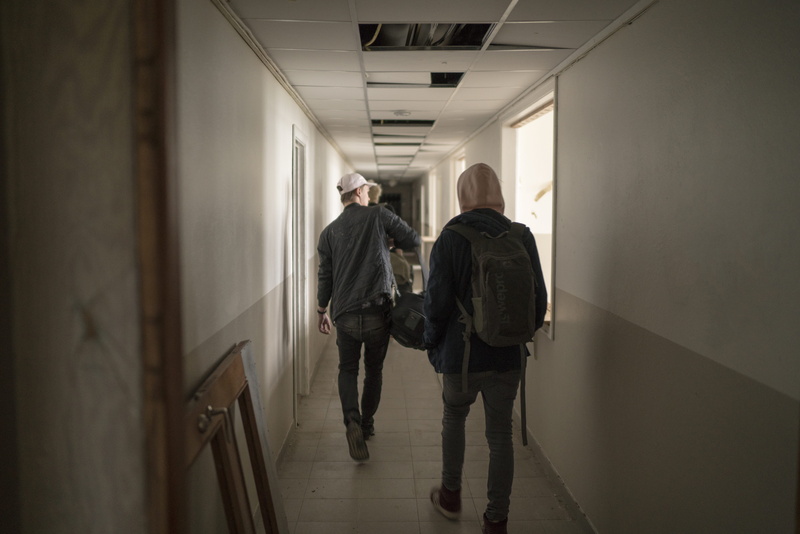 staircase, standing, architecture, built structure, people, full length, ceiling, inside, indoors, men, abandoned, adult, exploring, 8K, rear view, lifestyles